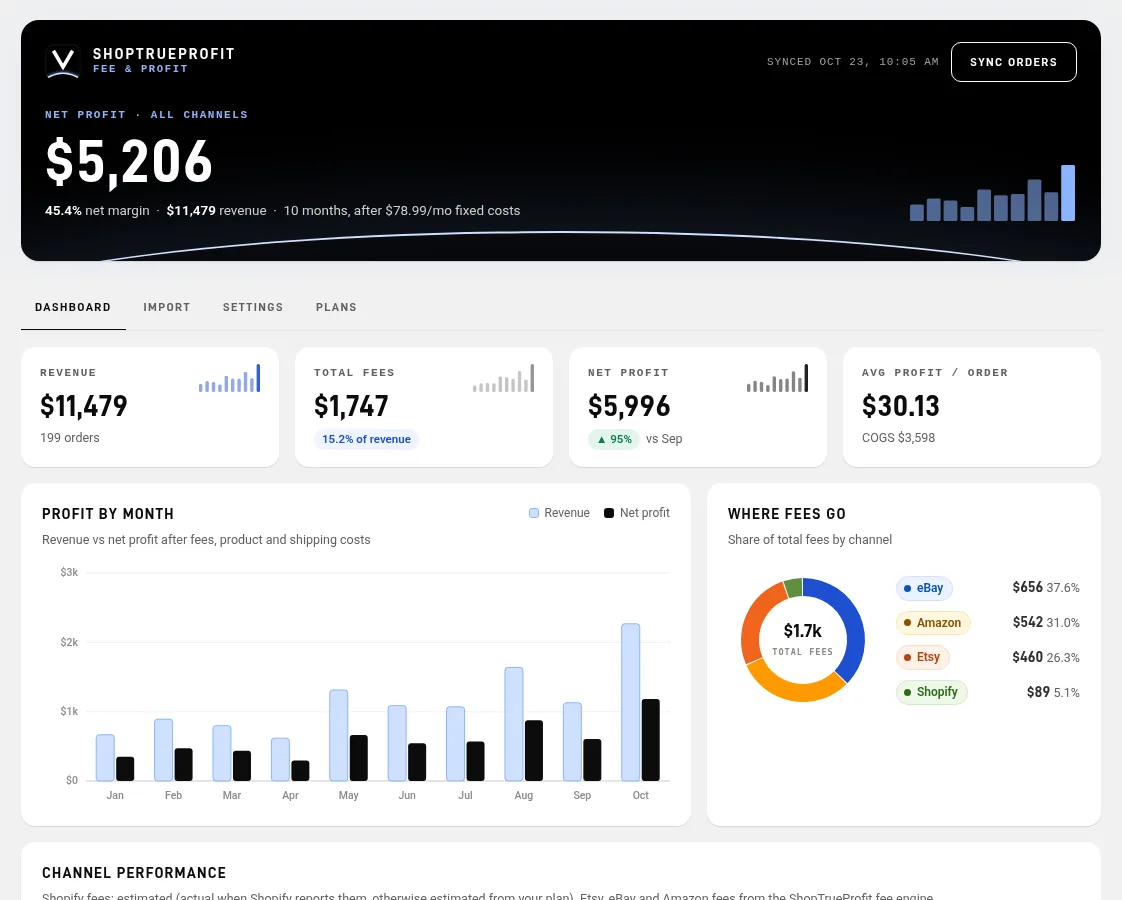 ShopTrueProfit dashboard showing net profit, total fees, profit by month and where fees go, with example data